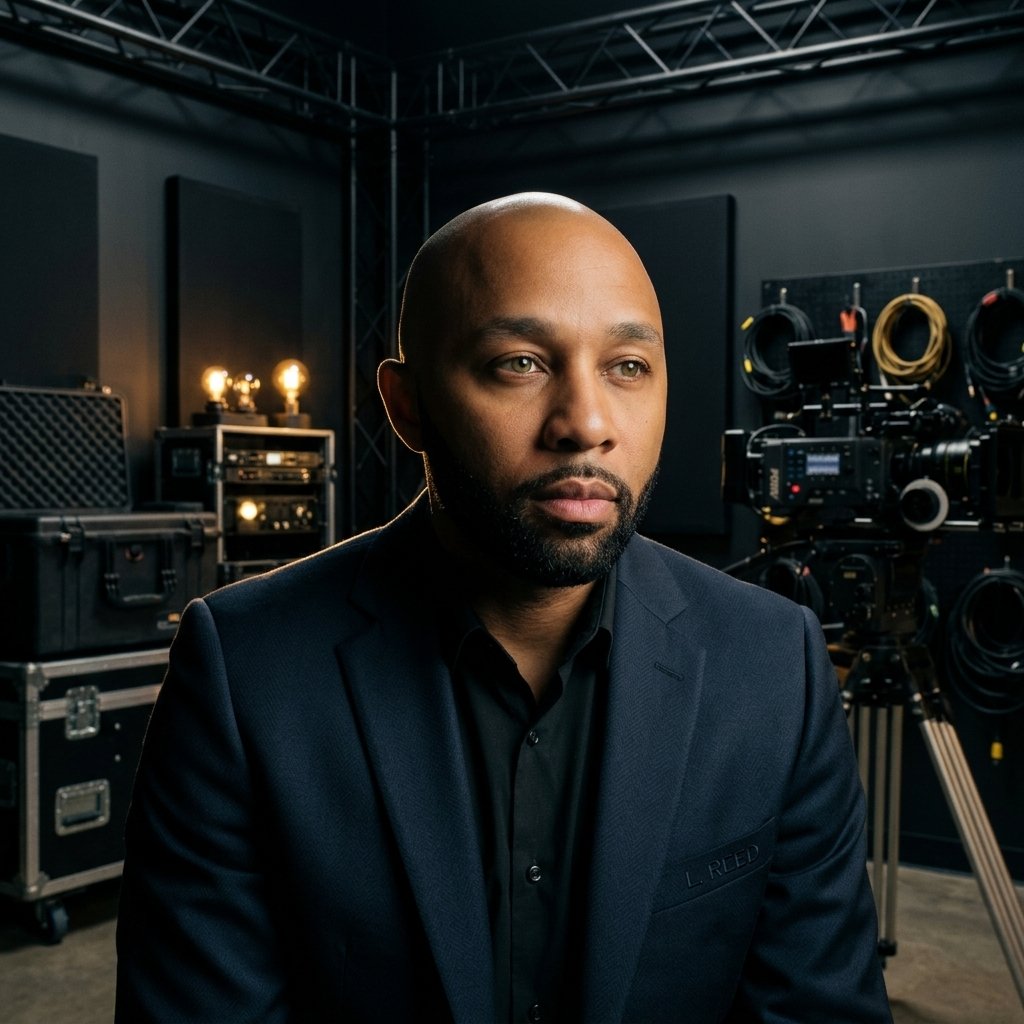 Louis Reed looking thoughtfully in a studio